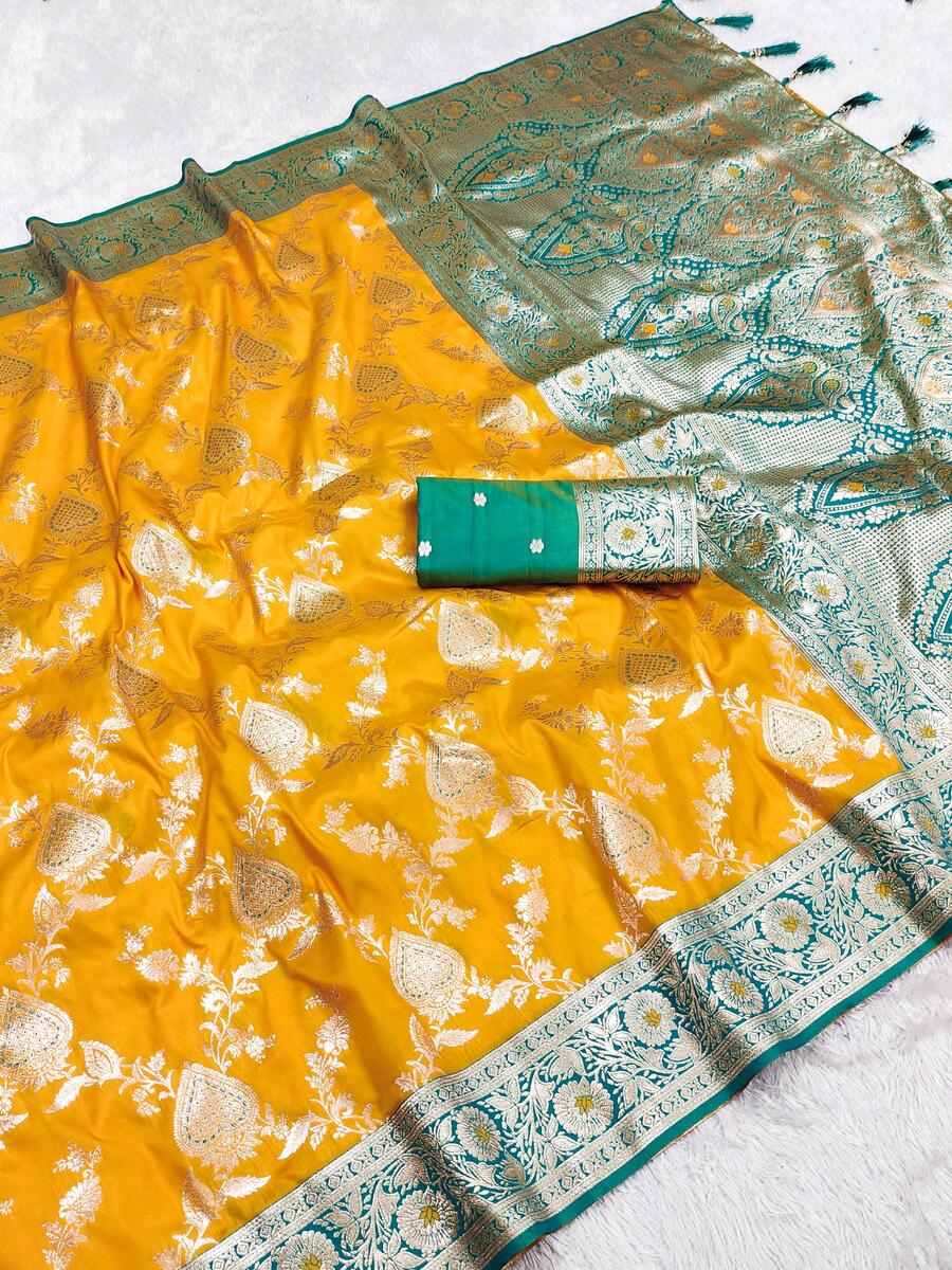Enigmatic Yellow Soft Banarasi Silk Saree With Majestic Blouse Piece