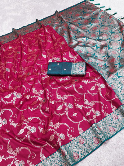Intricate Dark Pink Soft Banarasi Silk Saree With Tremendous Blouse Piece