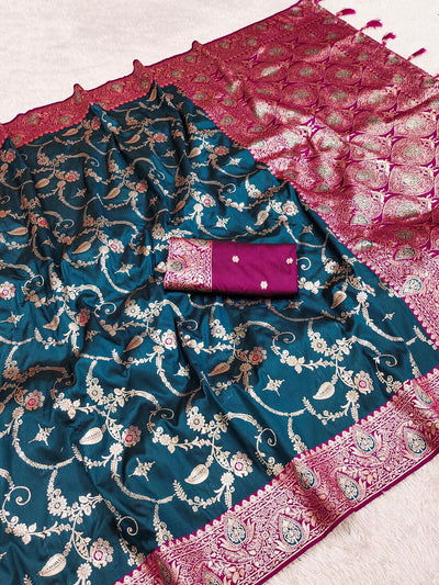 Sophisticated Rama Soft Banarasi Silk Saree With Eloquence Blouse Piece
