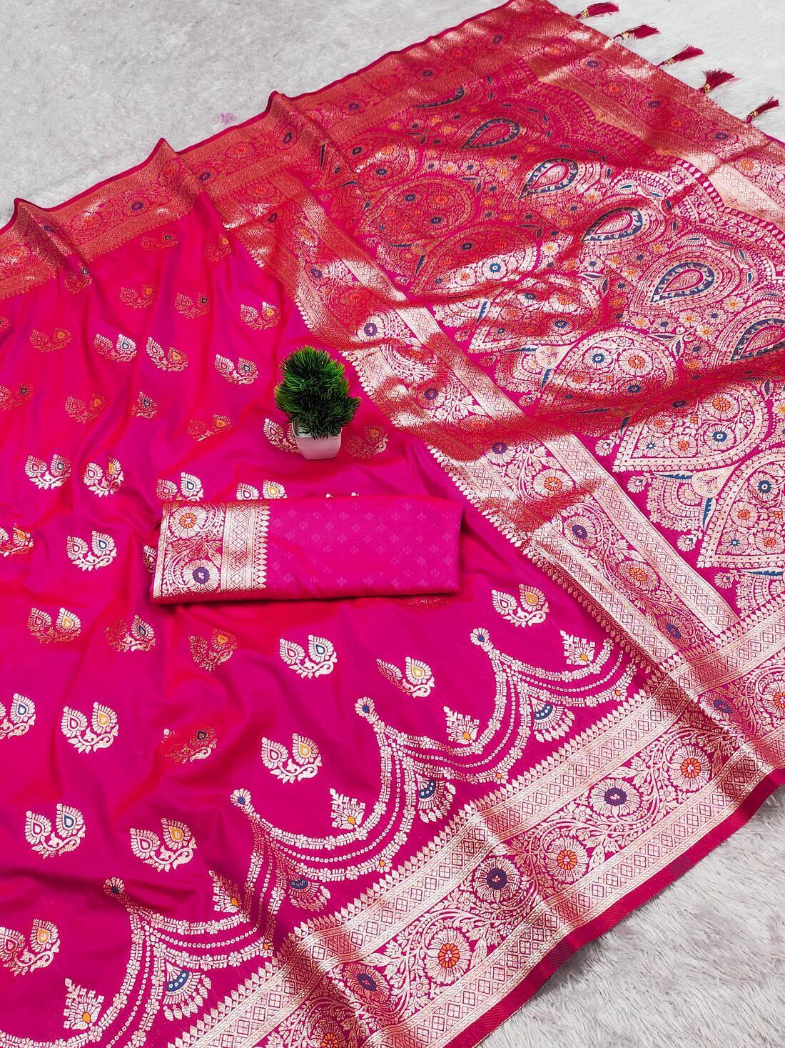 Demure Dark Pink Soft Banarasi Silk Saree With Glowing Blouse Piece