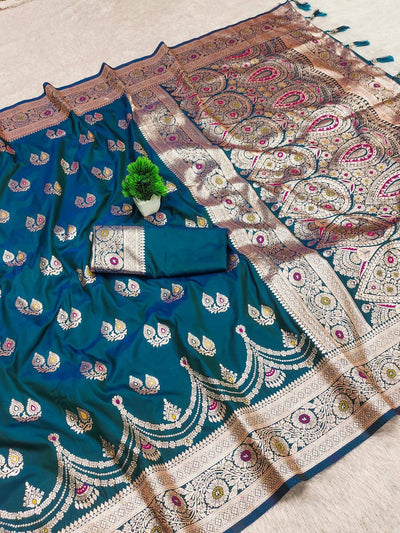 Girlish Teal Blue Soft Banarasi Silk Saree With Moiety Blouse Piece
