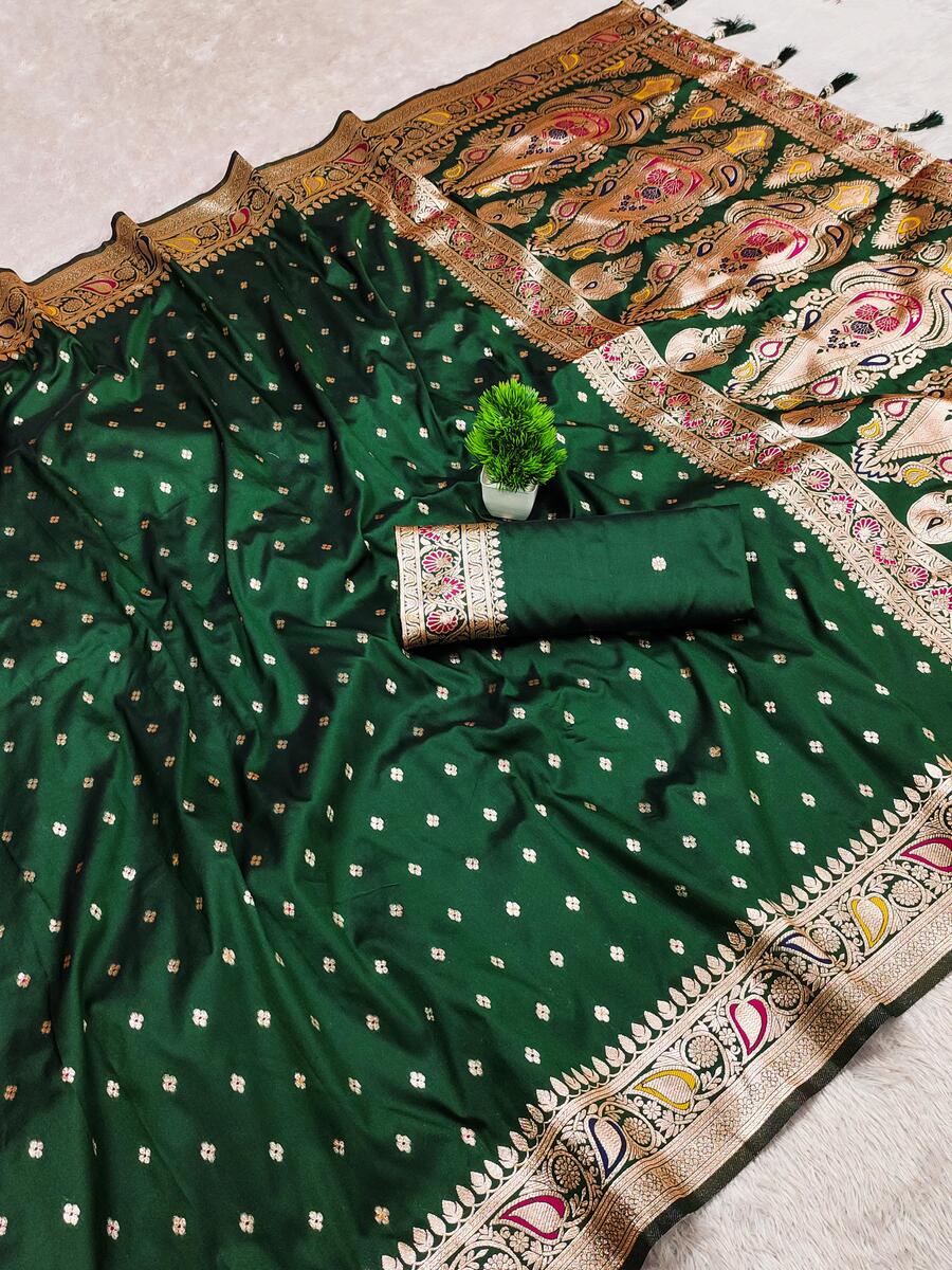 Blooming Dark Green Soft Banarasi Silk Saree With Denouement Blouse Piece