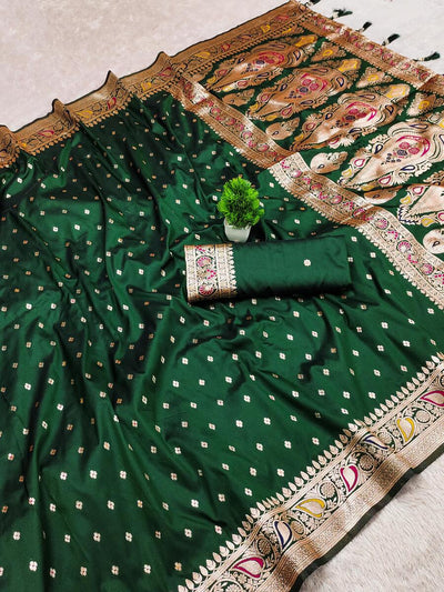 Blooming Dark Green Soft Banarasi Silk Saree With Denouement Blouse Piece