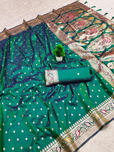 Petrichor Green Soft Banarasi Silk Saree With Entrancing Blouse Piece
