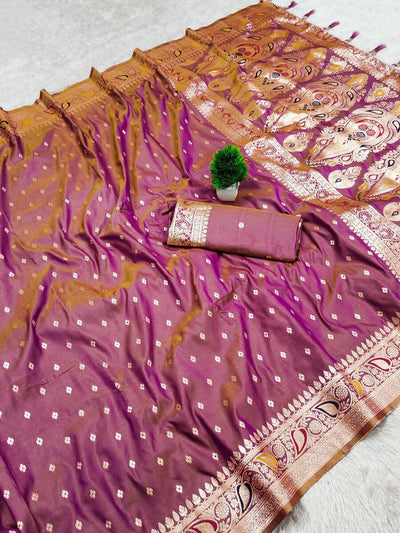 Fugacious Lavender Soft Banarasi Silk Saree With Redolent Blouse Piece