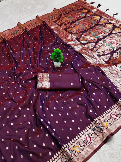 Prominent Purple Soft Banarasi Silk Saree With Whimsical Blouse Piece