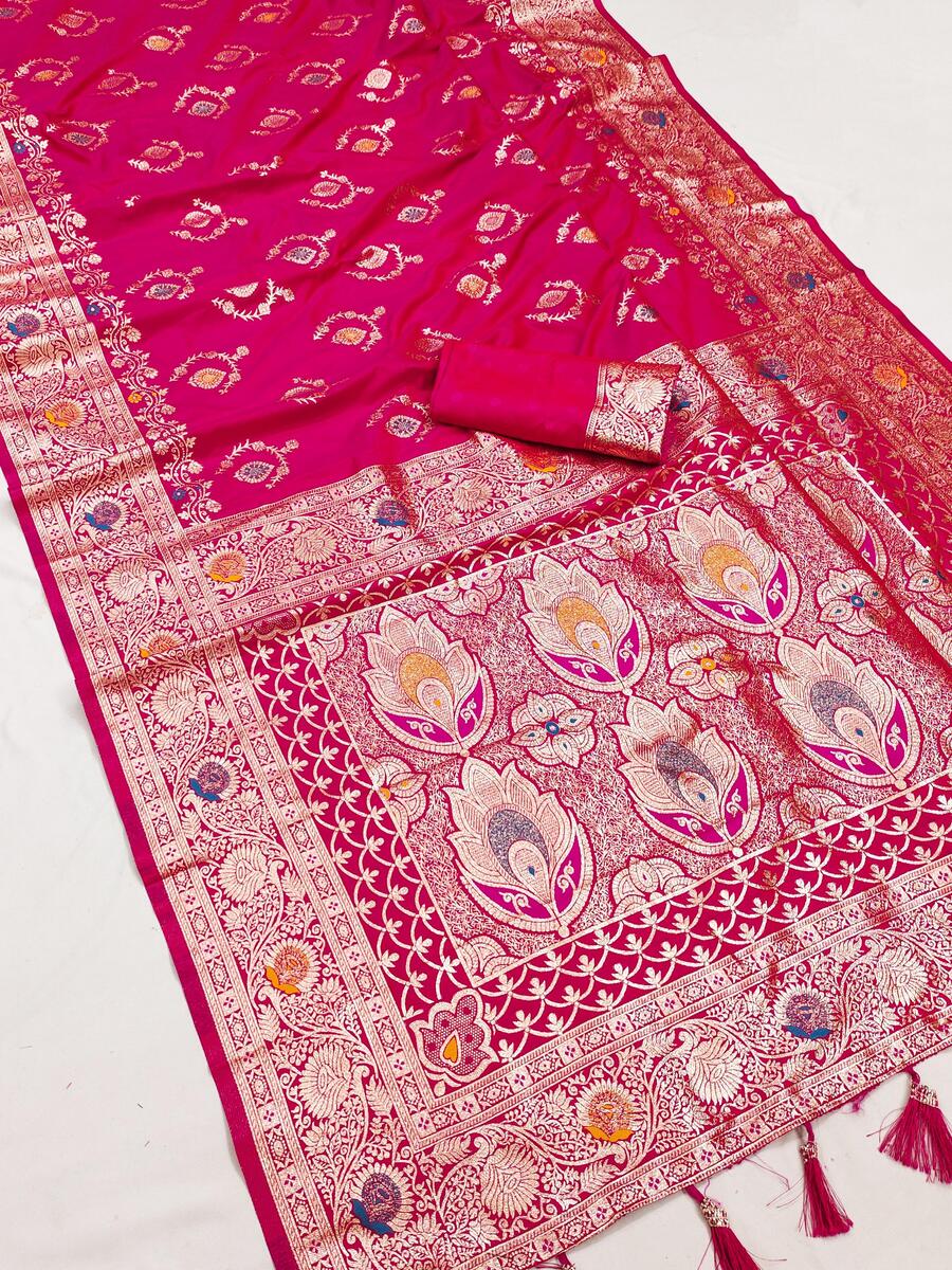 Panache Dark Pink Soft Banarasi Silk Saree With Adorable Blouse Piece