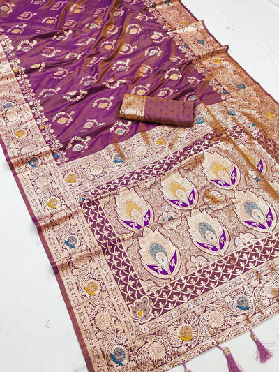 Enthralling Lavender Soft Banarasi Silk Saree With Palimpsest Blouse Piece