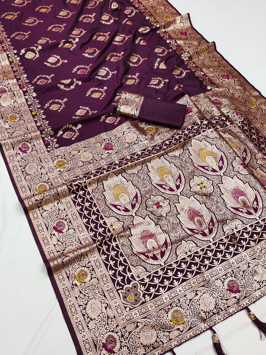 Smashing Wine Soft Banarasi Silk Saree With Dulcet Blouse Piece
