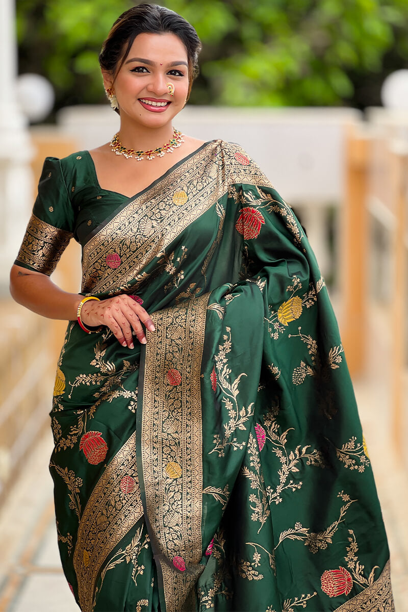 Ratatouille Dark Green Soft Banarasi Silk Saree With Embrocation Blouse Piece