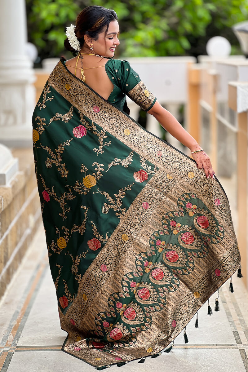 Ratatouille Dark Green Soft Banarasi Silk Saree With Embrocation Blouse Piece