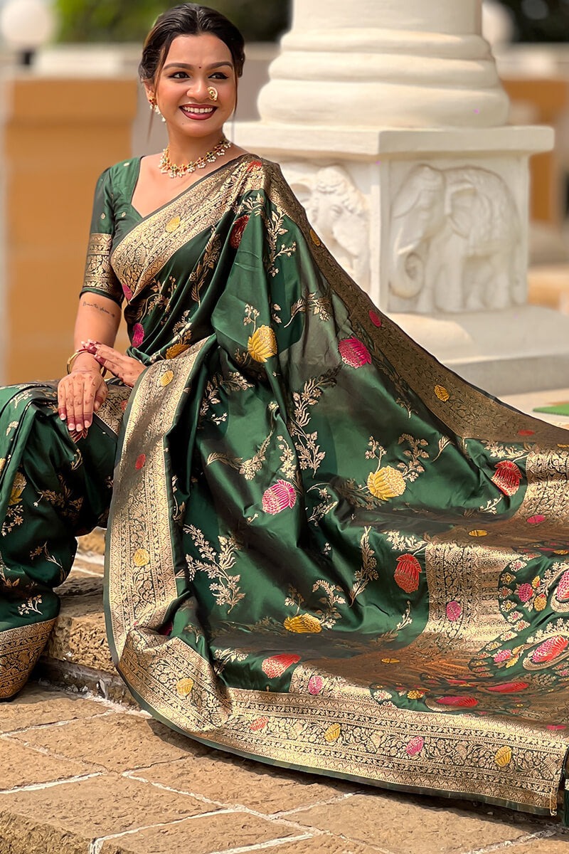 Ratatouille Dark Green Soft Banarasi Silk Saree With Embrocation Blouse Piece