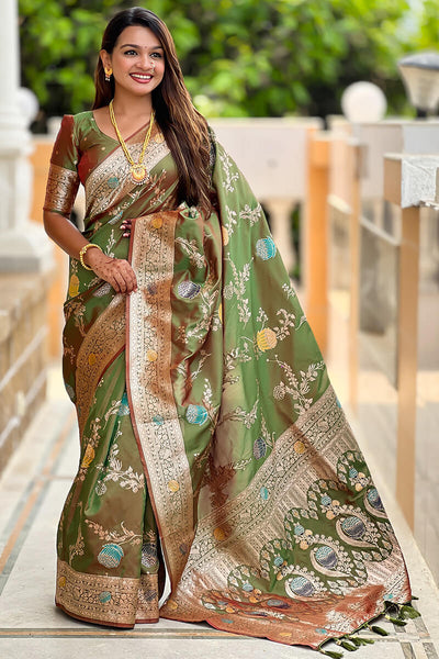 Prodigal Mehndi Soft Banarasi Silk Saree With Fantabulous Blouse Piece