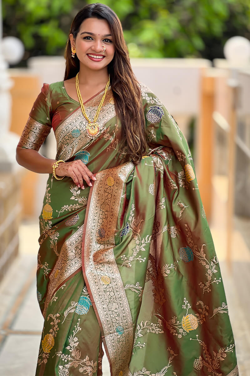 Prodigal Mehndi Soft Banarasi Silk Saree With Fantabulous Blouse Piece