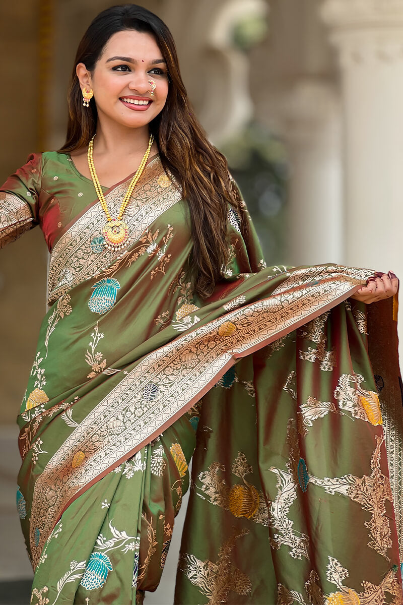 Prodigal Mehndi Soft Banarasi Silk Saree With Fantabulous Blouse Piece
