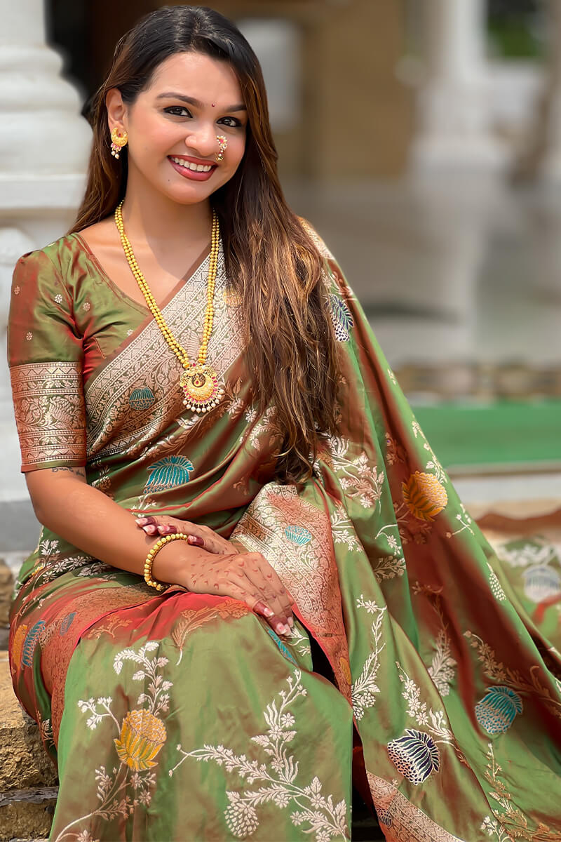 Prodigal Mehndi Soft Banarasi Silk Saree With Fantabulous Blouse Piece