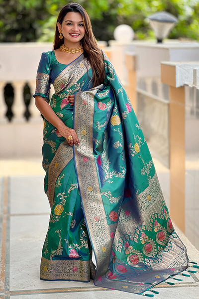 Rhapsody Rama Soft Banarasi Silk Saree With Posh Blouse Piece