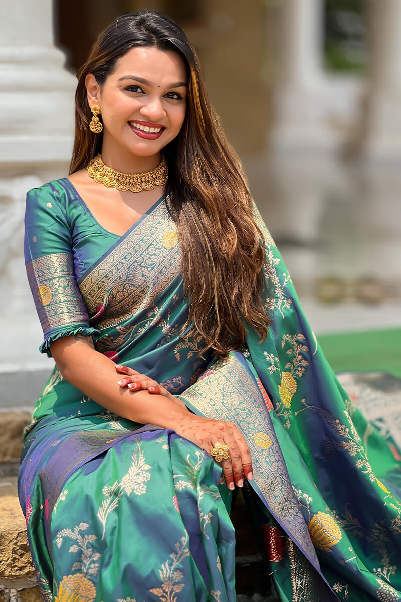 Rhapsody Rama Soft Banarasi Silk Saree With Posh Blouse Piece