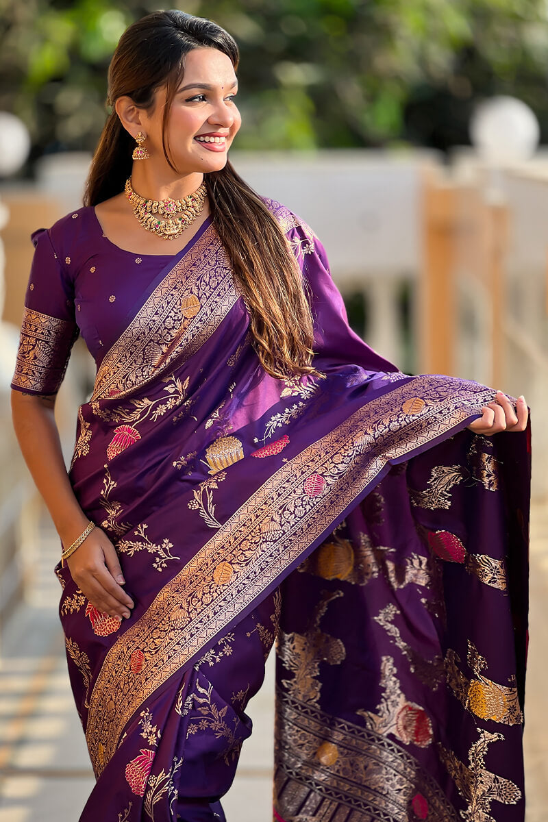Exquisite Royal Purple Soft Banarasi Silk Saree With Splendorous Blouse Piece