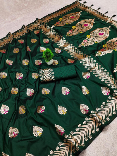 Bucolic Dark Green Soft Banarasi Silk Saree With Quintessential  Blouse Piece