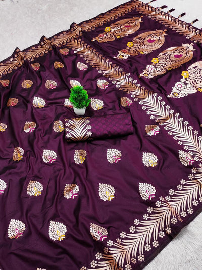 Desirable Purple Soft Banarasi Silk Saree With Nemesis Blouse Piece