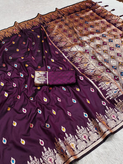 Fancifull Wine Soft Banarasi Silk Saree With Exuberant Blouse Piece