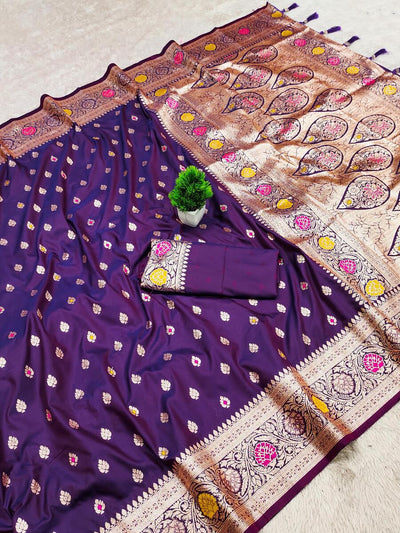 Unique Purple Soft Banarasi Silk Saree With Winsome Blouse Piece