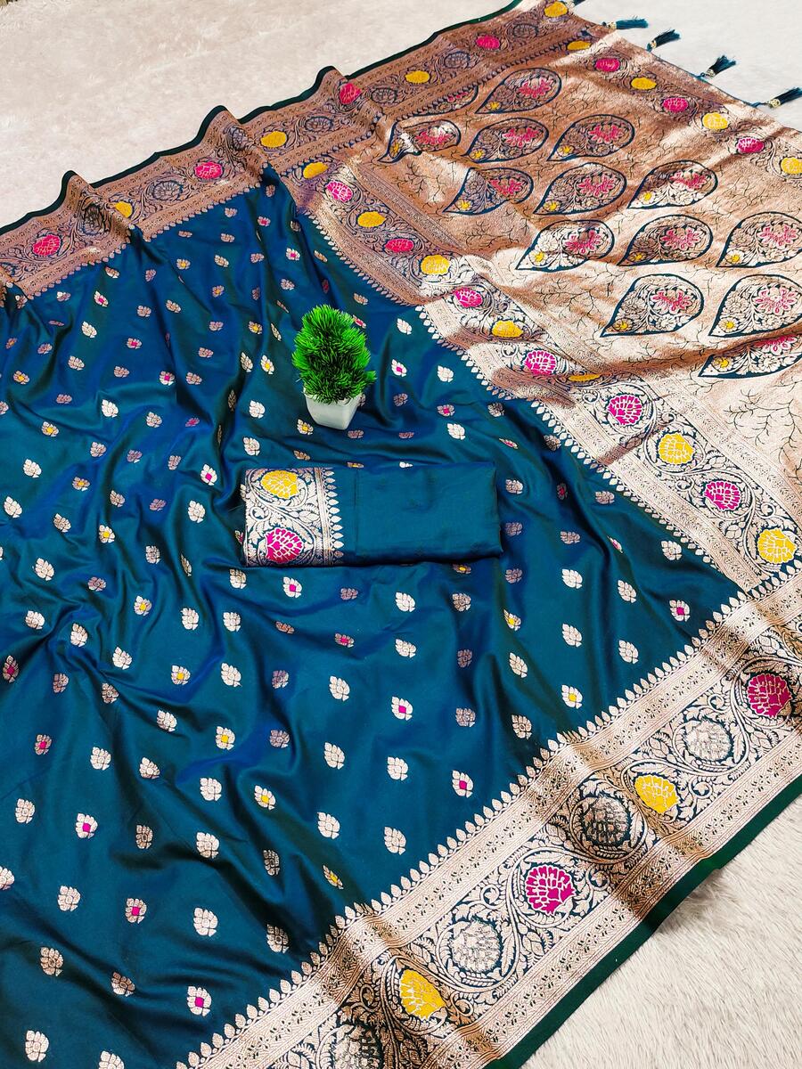 Charming Teal Blue Soft Banarasi Silk Saree With Phenomenal Blouse Piece