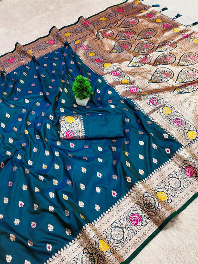 Charming Teal Blue Soft Banarasi Silk Saree With Phenomenal Blouse Piece