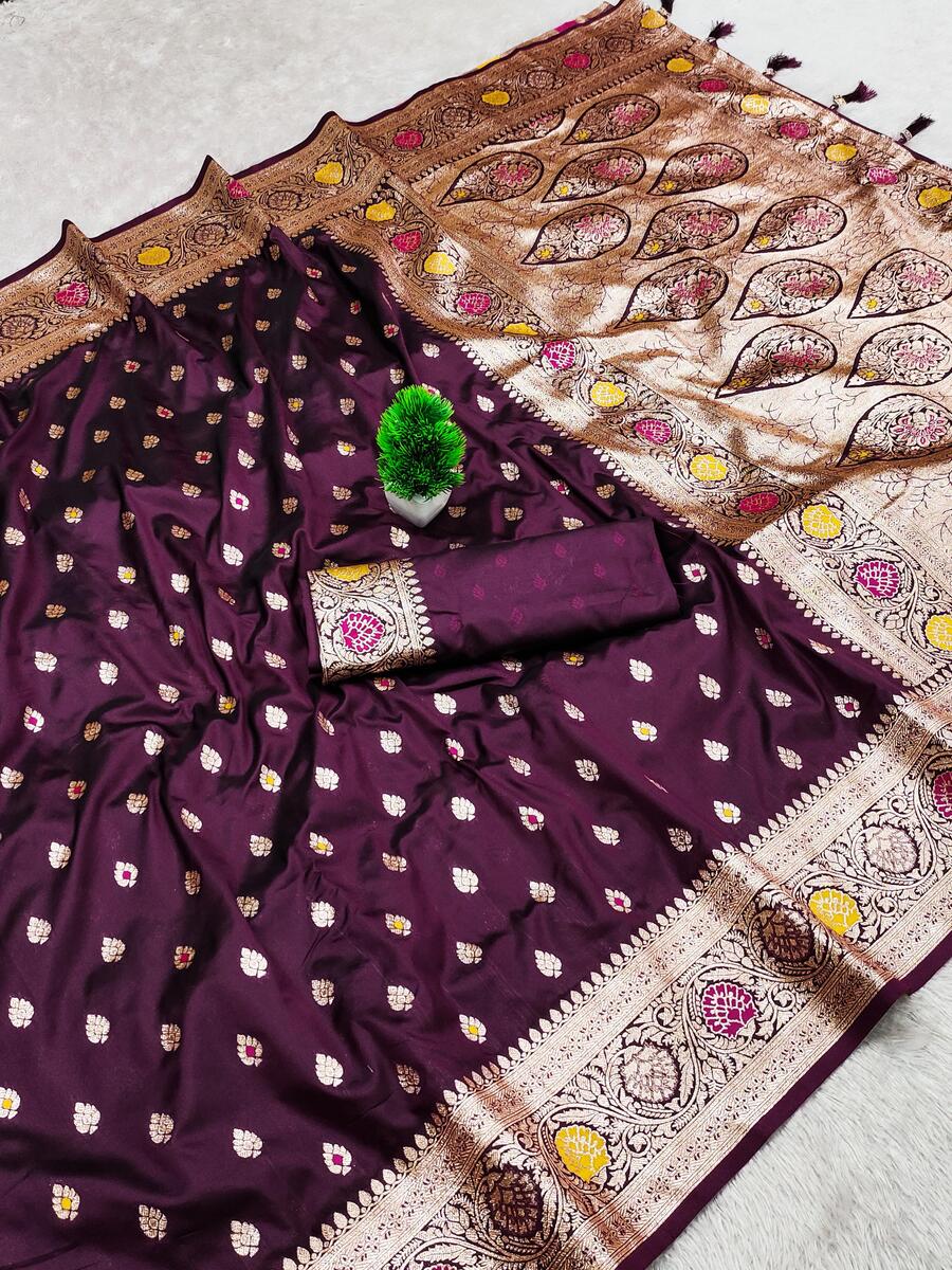Diaphanous Wine Soft Banarasi Silk Saree With Gorgeous Blouse Piece