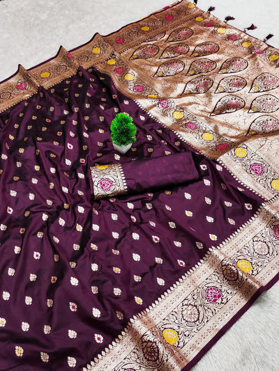 Diaphanous Wine Soft Banarasi Silk Saree With Gorgeous Blouse Piece