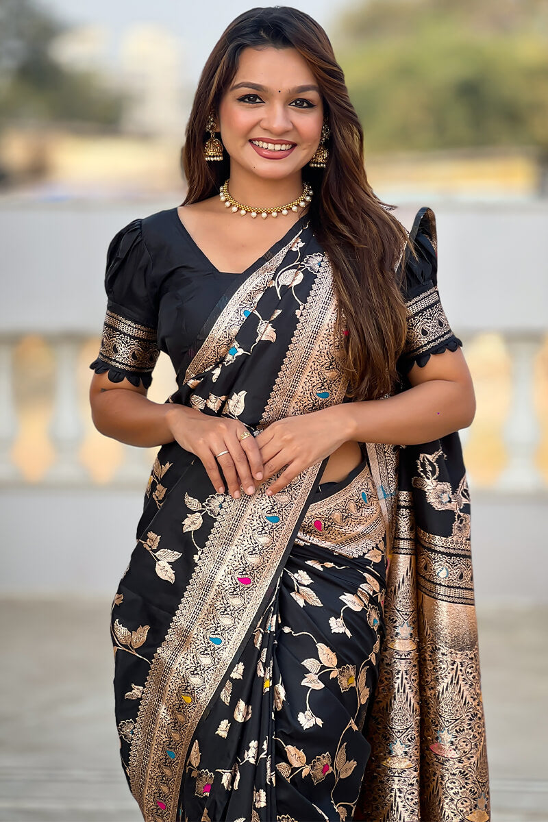 Surreptitious Black Soft Banarasi Silk Saree With Nemesis Blouse Piece