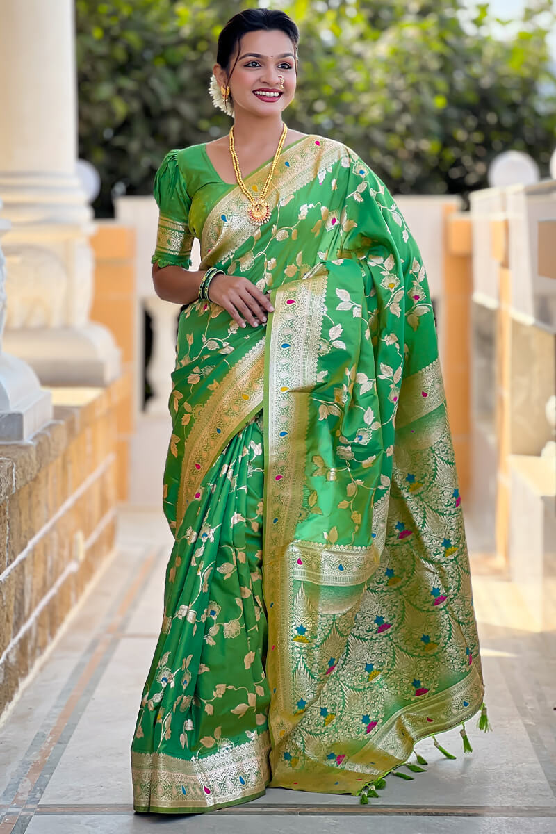 Angelic Mehndi Soft Banarasi Silk Saree With Chatoyant Blouse Piece