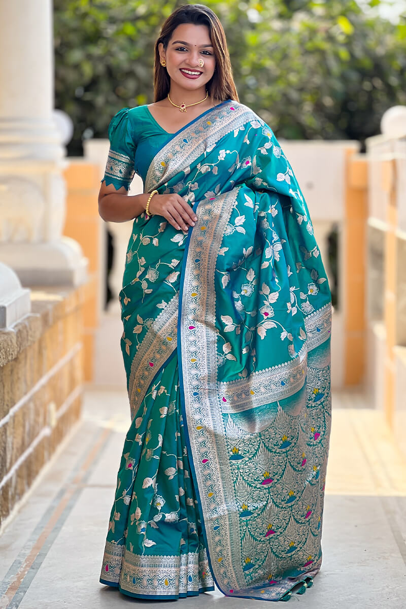 Luxuriant Rama Soft Banarasi Silk Saree With Elaborate Blouse Piece