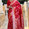 Ornate Red Soft Banarasi Silk Saree With Ephemeral Blouse Piece