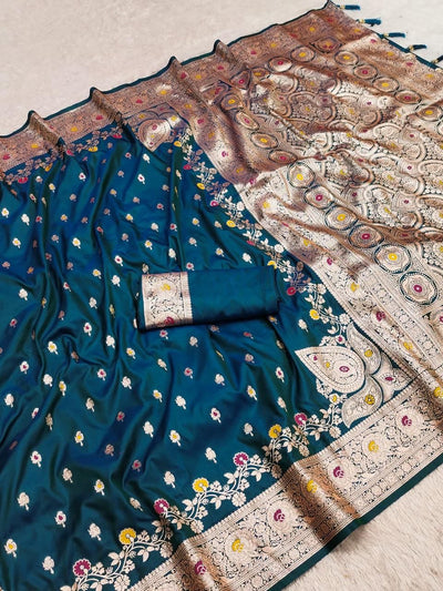 Majesty Teal Blue Soft Banarasi Silk Saree With Propinquity Blouse Piece
