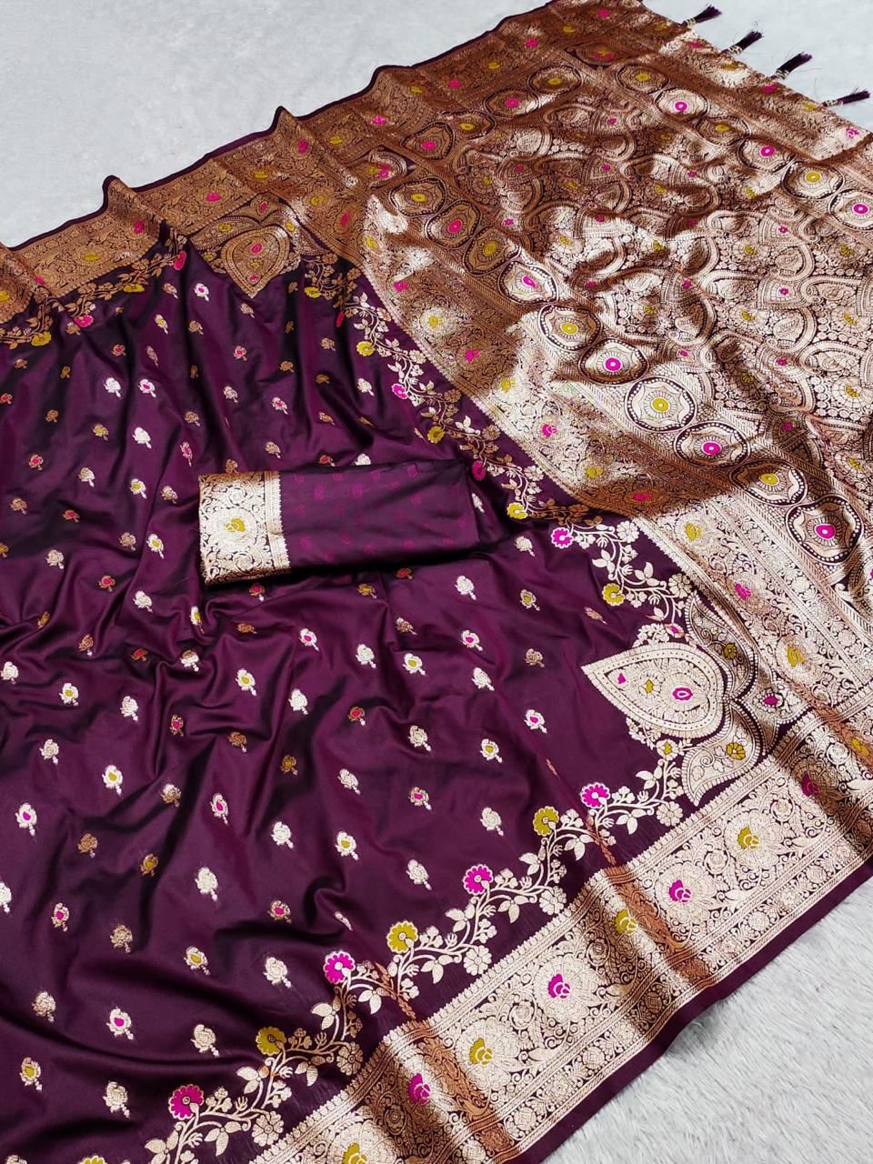 Prettiest Wine Soft Banarasi Silk Saree With Exuberant Blouse Piece