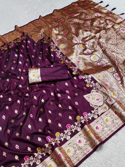 Prettiest Wine Soft Banarasi Silk Saree With Exuberant Blouse Piece