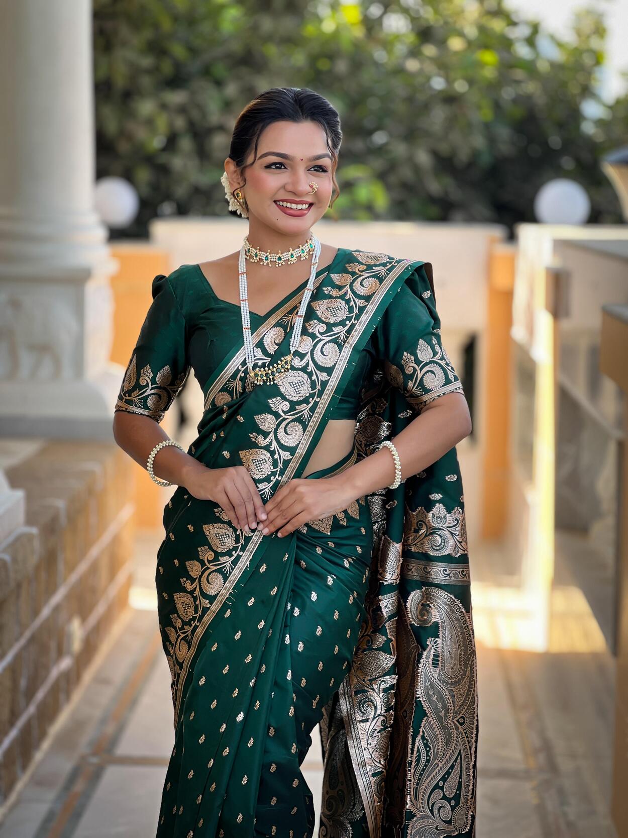 Ethnic Dark Green Soft Banarasi Silk Saree With Hypnotic Blouse Piece