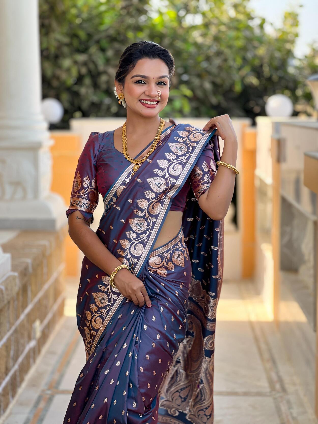 Pretty Dark Grey Soft Banarasi Silk Saree With Ratatouille Blouse Piece