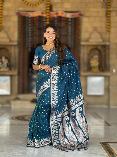 Delectable Teal Blue Soft Banarasi Silk Saree With Prettiest Blouse Piece