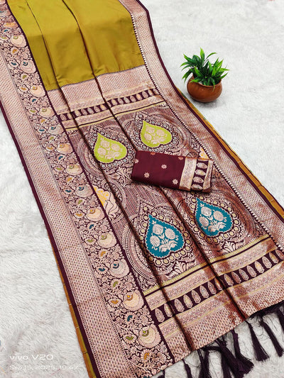 Confounding Yellow Soft Banarasi Silk Saree With Imaginative Blouse Piece