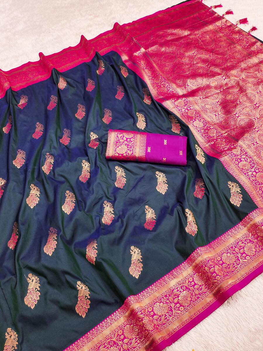 Embrocation Black Soft Banarasi Silk Saree With Sensational Blouse Piece