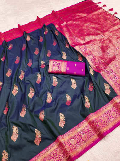 Embrocation Black Soft Banarasi Silk Saree With Sensational Blouse Piece