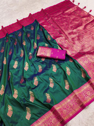 Trendy Dark Green Soft Banarasi Silk Saree With Palimpsest Blouse Piece