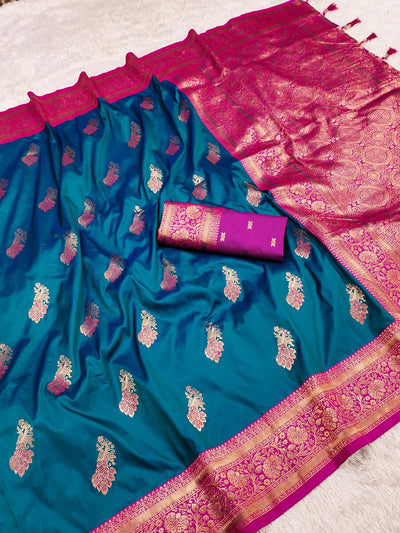 Surreptitious Rama Soft Banarasi Silk Saree With Ravishing Blouse Piece
