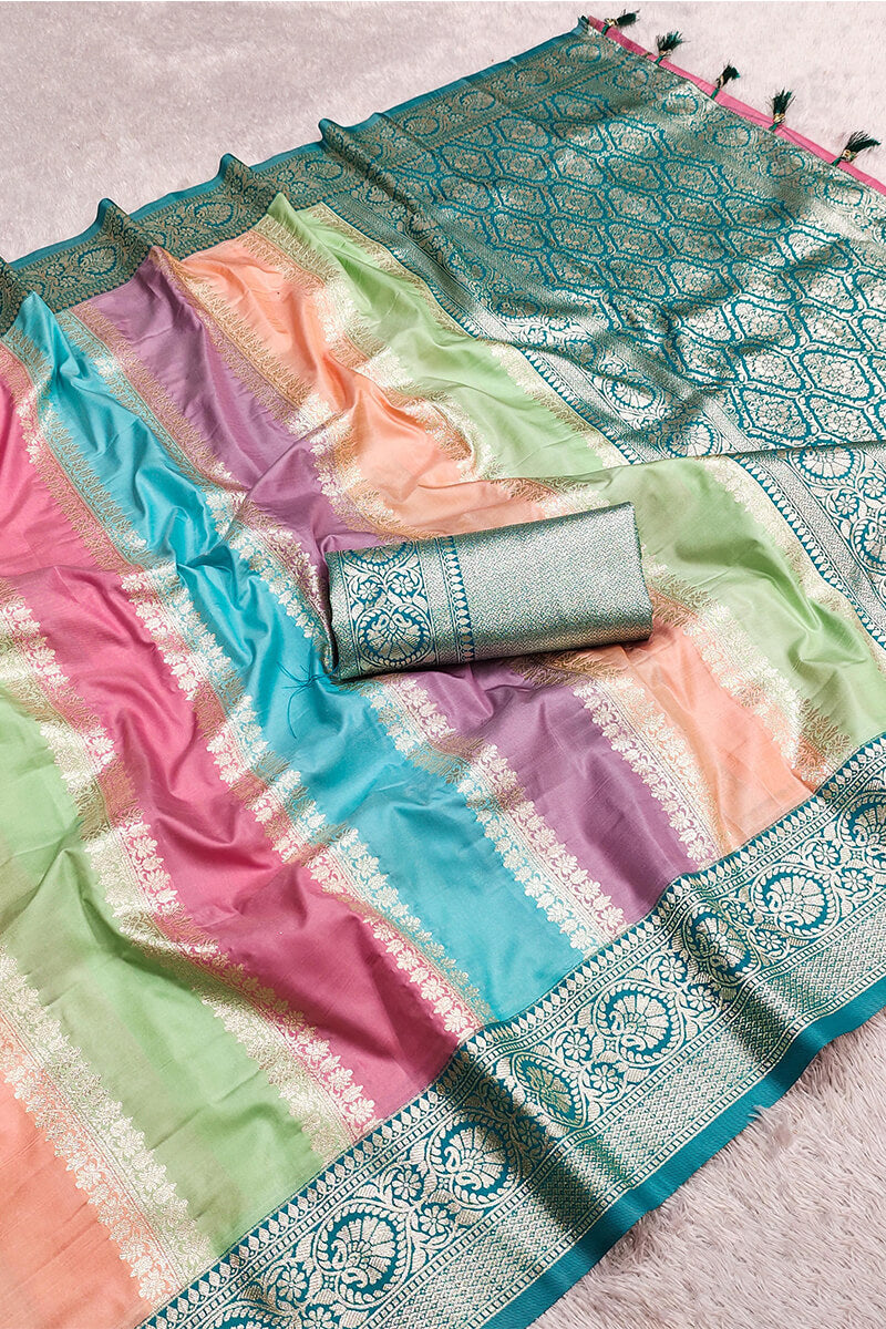 Inimitable Multicolor Soft Banarasi Silk Saree With Hypnotic Blouse Piece