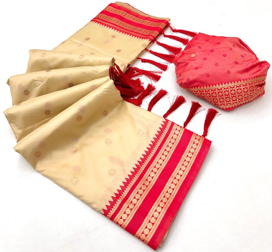 Alluring Beige Soft Banarasi Silk Saree With Dazzling Blouse Piece