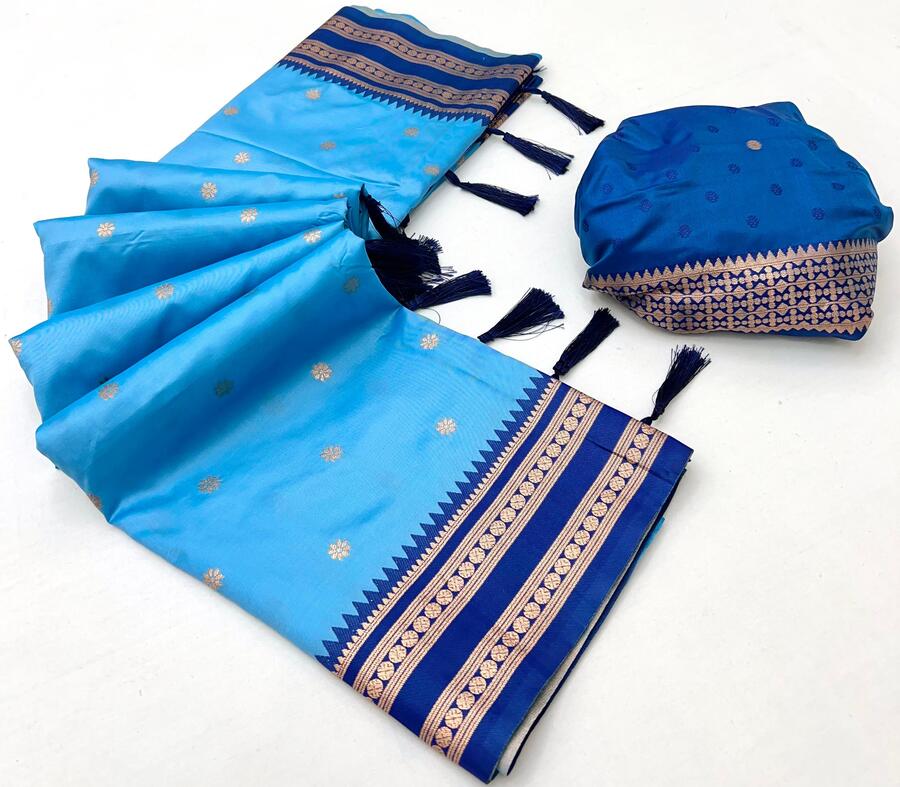 Staring Firozi Soft Banarasi Silk Saree With Blooming Blouse Piece