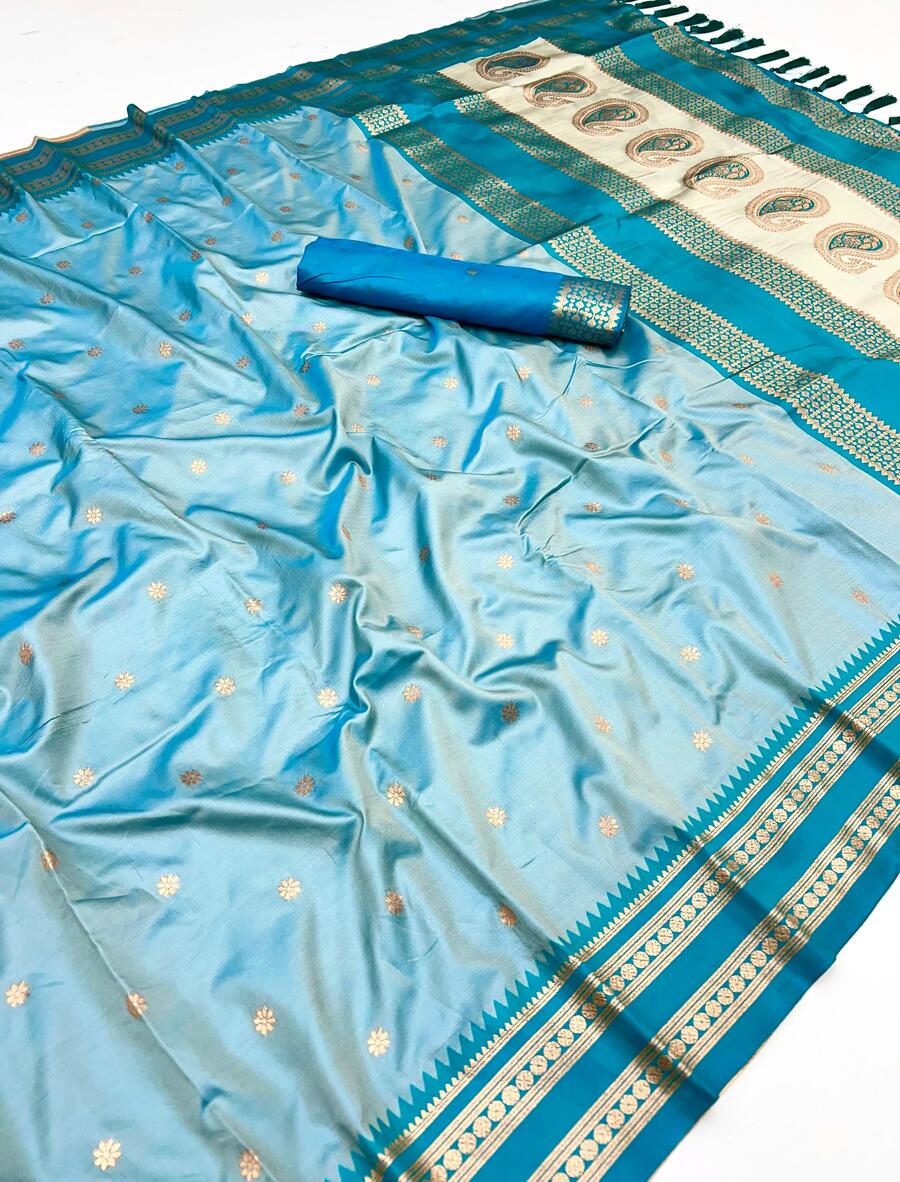 Vibrant Sky Soft Banarasi Silk Saree With Enigmatic Blouse Piece